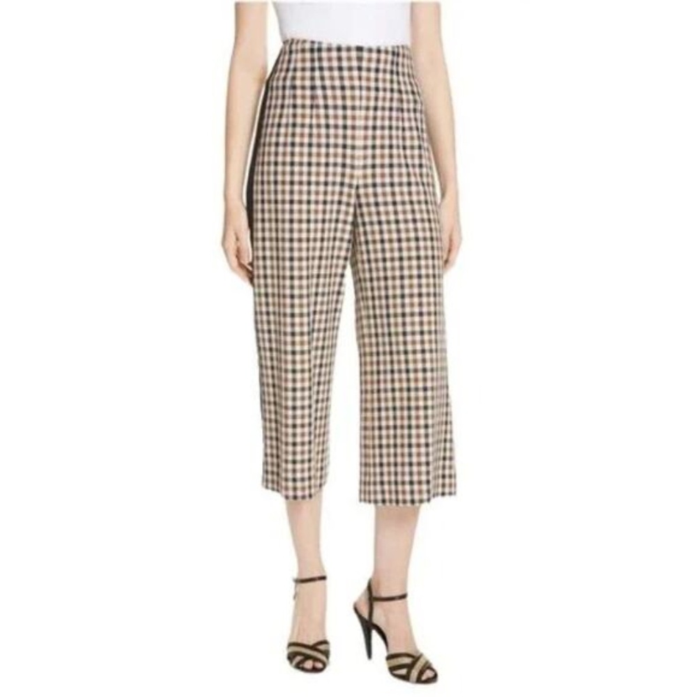 Veronica Beard Tuxedo Striped Checked Wide Leg Cropped Pant - Brown/Tan/Black